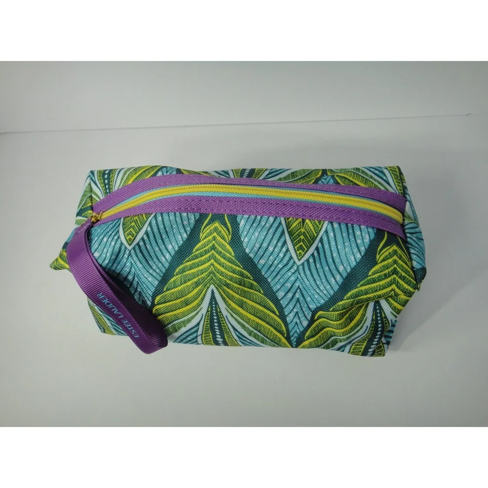 Estee Lauder Makeup Bag Set Teal Green Leaf Print Travel Toiletry Case 2 Piece